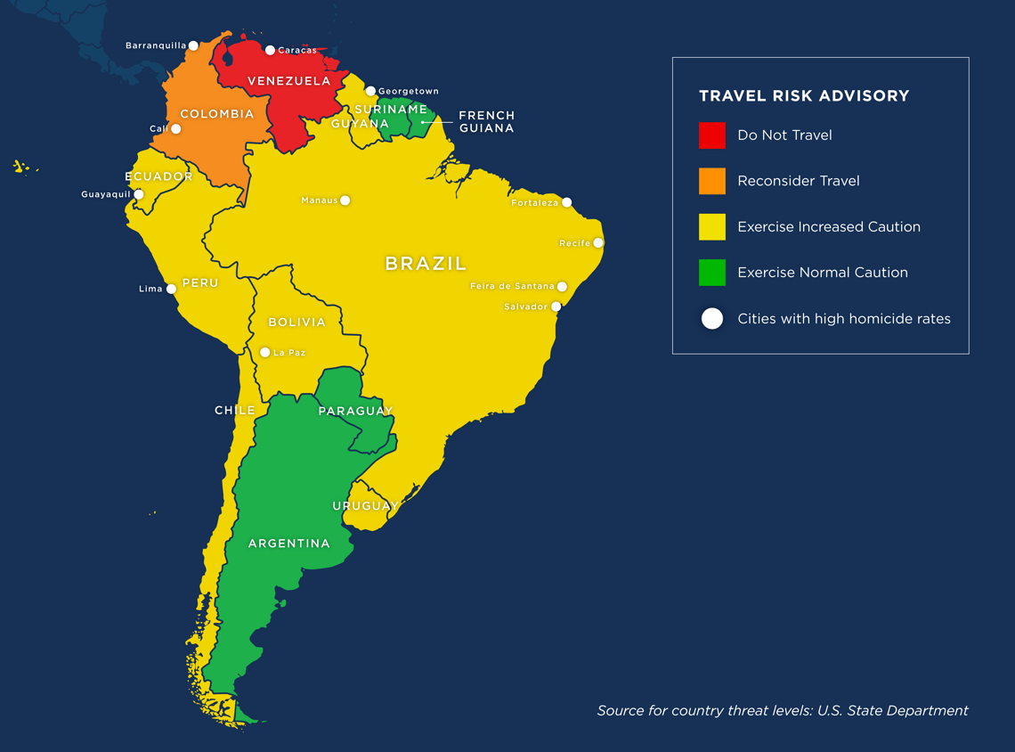 map of south american countries by travel risk advisory from normal caution to do not travel